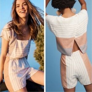 Anthropology Striped Linen Open Back Romper